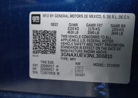 2022 Chevrolet Equinox Awd Lt z USA, uszkodzony, nr VIN 3GNAXUEV3NL300810